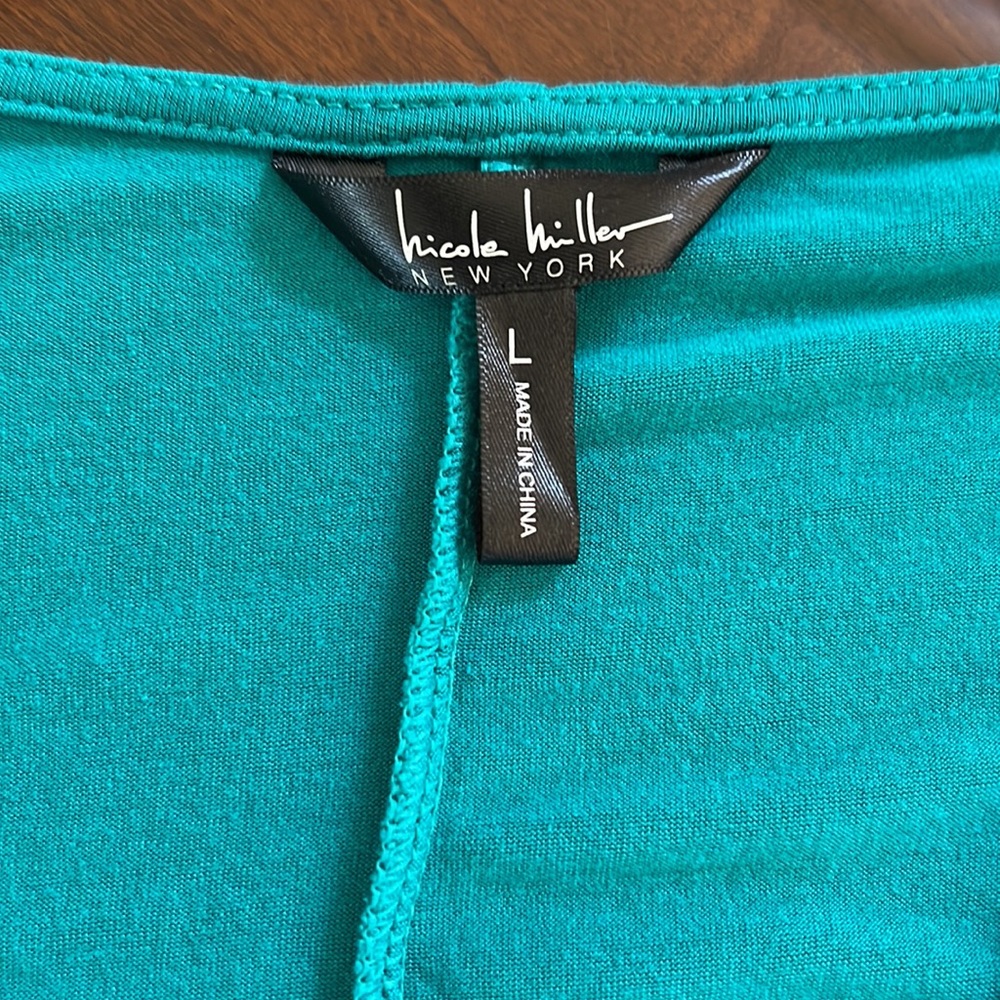 Nicole Miller New York Twisted Knot V Neck Plunge Turquoise Top Size Large - Picture 7 of 9